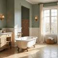 Elegant French vintage bathroom with a white clawfoot tub, honey-toned limestone flooring, sage green walls, reclaimed oak vanity, and vintage brass fixtures, bathed in warm golden hour light.