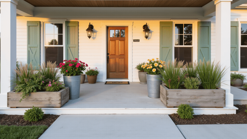 Cinematic wide-angle view of a charming front porch adorned with weathered cedar and concrete planters filled with vibrant seasonal blooms, illuminated by warm golden hour light, showcasing rich textures and inviting rustic accents.