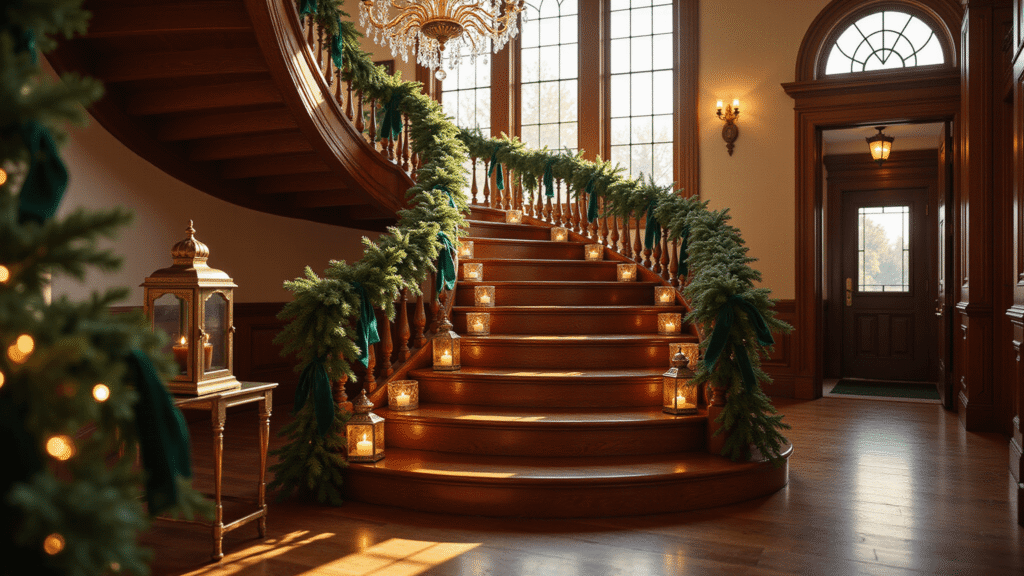 Magical Christmas Staircase Decor: Transform Your Home into a Festive Wonderland A photorealistic interior shot of a grand Victorian staircase adorned with pine garland and fairy lights, captured during golden hour. The rich mahogany bannister features vintage ornaments and velvet ribbons, while brass lanterns illuminate the polished hardwood steps. A crystal chandelier casts prismatic shadows, with warm natural light filtering through tall arched windows, emphasizing the staircase's intricate details in a deep green and warm wood color palette.