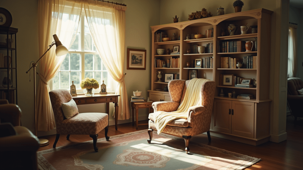 A sunlit, cozy living room featuring a floral wingback chair, vintage Persian rug, weathered side table with sepia photos and hydrangeas, built-in bookshelves filled with books and heirlooms, all bathed in warm golden hour lighting.