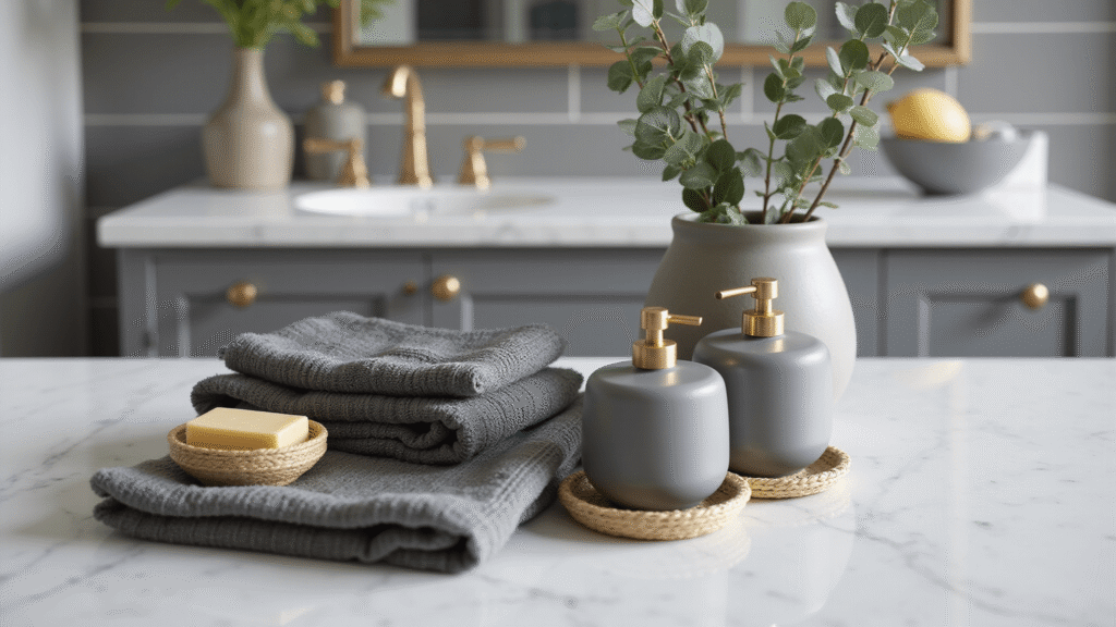 Grey Bathroom Decor: Your Ultimate Styling Guide for Timeless Elegance Cinematic photograph of an elegant grey bathroom featuring a white marble countertop adorned with ribbed charcoal grey towels, dove grey ceramic soap dispensers, woven natural fiber baskets, and eucalyptus sprigs in a matte grey vase, illuminated by soft morning light and a blurred backdrop of grey subway tiles.