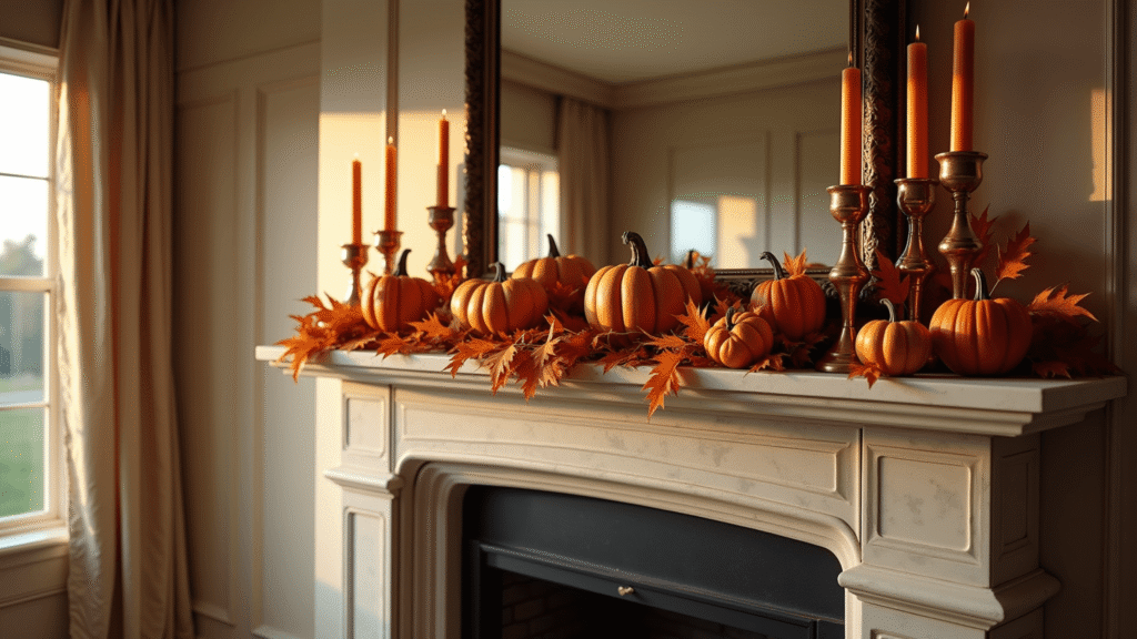 A luxurious autumn mantel featuring a grand limestone fireplace adorned with heirloom copper candlesticks, rich orange velvet pumpkins, and a burnt sienna maple leaf garland, illuminated by warm golden hour light and reflected in an antiqued mirror.