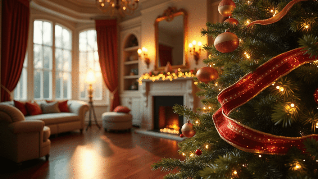 A grand living room with a 9-foot Christmas tree elegantly decorated with burgundy velvet, metallic gold, and cream damask ribbons, illuminated by warm ambient lighting and fairy lights, positioned in a bay window with polished hardwood floors.