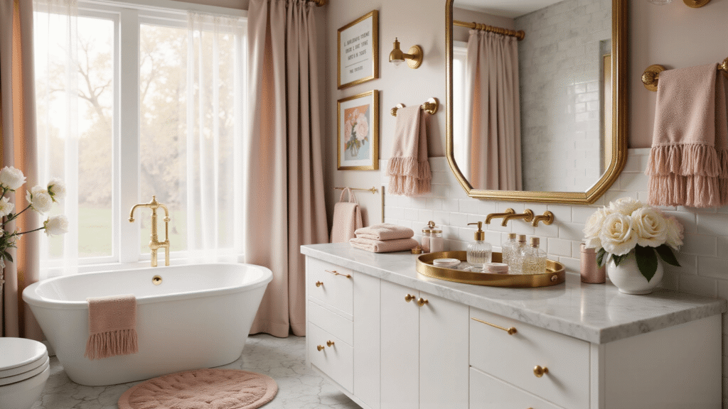 Creating the Perfect Girly Bathroom: A Fun and Fabulous Design Guide Luxurious girly bathroom with a marble countertop, gold accents, and blush mint color palette, featuring elegant decor and soft lighting.