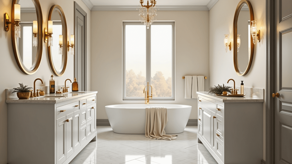 Gold Bathroom Decor: Transform Your Space with Luxurious Metallic Accents Photorealistic image of a luxurious master bathroom featuring a white marble double vanity with gold fixtures, freestanding soaking tub, and elegant gold accents, illuminated by soft golden hour light.