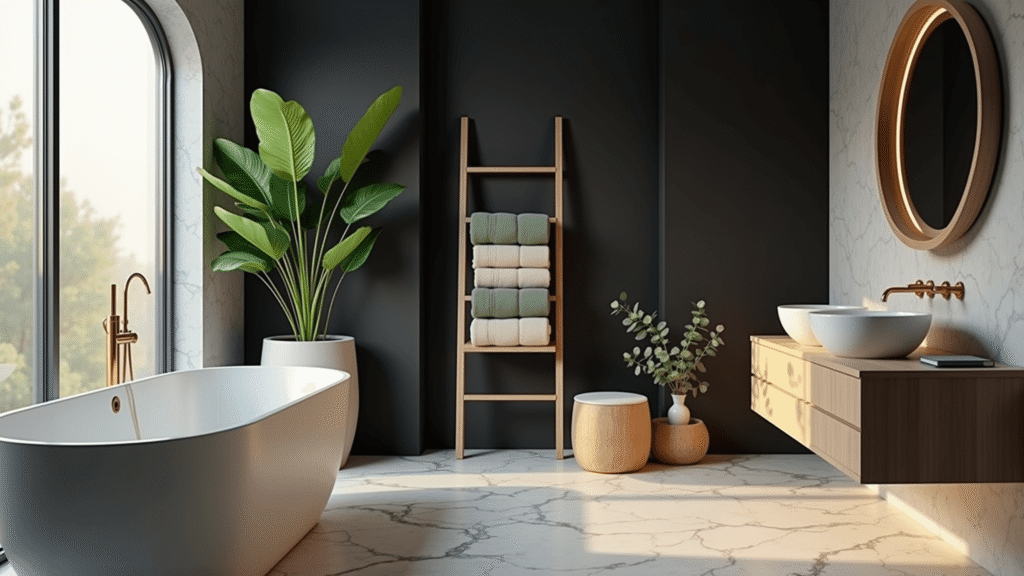 A luxurious modern bathroom featuring a freestanding white oval soaking tub, a dramatic matte black accent wall, brass fixtures, a cascading monstera plant, stacked Turkish towels on a minimalist teak ladder, and marble hexagon floor tiles, all bathed in soft morning light.