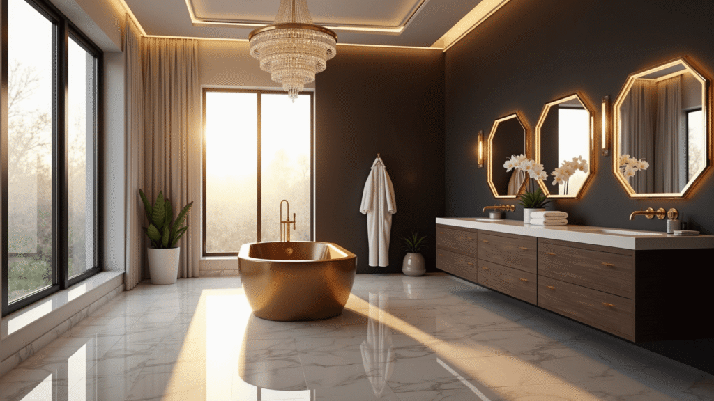 Transforming Your Bathroom into a Luxurious Sanctuary: The Ultimate Decor Guide Photorealistic interior of a luxurious spa bathroom at golden hour, featuring a freestanding copper soaking tub under a crystal chandelier, frosted floor-to-ceiling windows, cream Calacatta marble herringbone floors, a matte black accent wall, and a dark walnut double vanity with brass fixtures, complemented by white towels and potted orchids. The serene atmosphere highlights warm lighting and cinematic wide-angle depth.