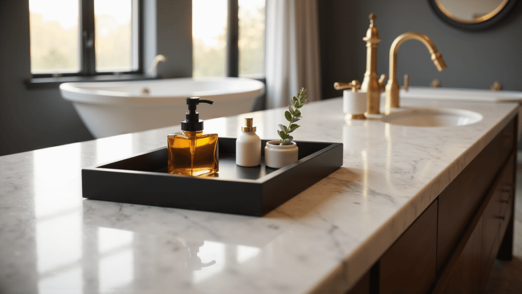 Elegant bathroom vanity with white marble countertop and matte black geometric tray, featuring amber glass soap dispenser, eucalyptus sprig, white ceramic canister, and brass aromatherapy diffuser; dramatic side lighting, freestanding soaking tub in background, herringbone marble floors, warm brass accents, and soft natural shadows; shot in cinematic style.