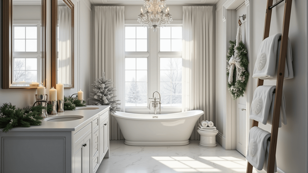 Festive Bathroom Christmas Decor: Transform Your Space with Holiday Cheer Photorealistic interior of a luxurious master bathroom elegantly decorated for Christmas, featuring white marble countertops, a freestanding soaking tub, candle holders, and festive accents in winter whites and mercury silver.