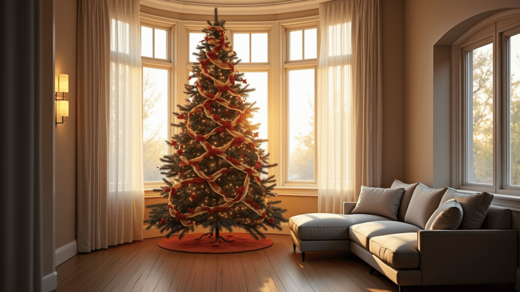 A grand living room at golden hour featuring a 9-foot Fraser fir Christmas tree with cascading burgundy velvet, champagne silk, and gold mesh ribbons, illuminated by warm LED lights, with sheer white curtains and a modern grey sectional sofa in the foreground.
