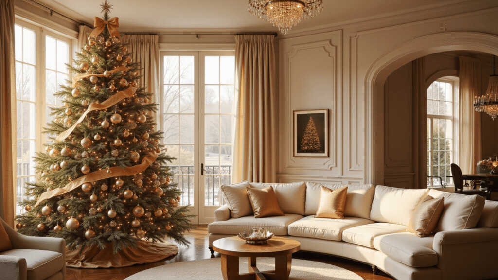 Glamorous Gold Christmas Trees: Your Ultimate Guide to Festive Luxury A luxurious living room featuring a 9-foot metallic gold Christmas tree adorned with champagne and rose gold ornaments, illuminated by warm golden hour light filtering through floor-to-ceiling windows, with elegant furnishings and a crystal chandelier adding sparkle.