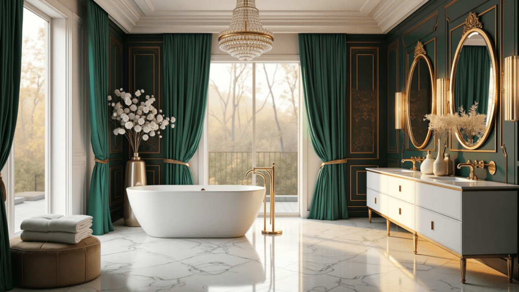 Glam Bathroom Decor: Transform Your Space with Luxurious Metallic Shine A luxurious photorealistic bathroom featuring Carrara marble herringbone flooring, a freestanding oval soaking tub under a crystal chandelier, and large windows allowing golden hour sunlight. The room is adorned with an oversized black and gold mirror above a double vanity, an emerald green accent wall with peacock motifs, and brass hardware, complemented by plush Turkish cotton towels and fresh white peonies in a metallic vase.