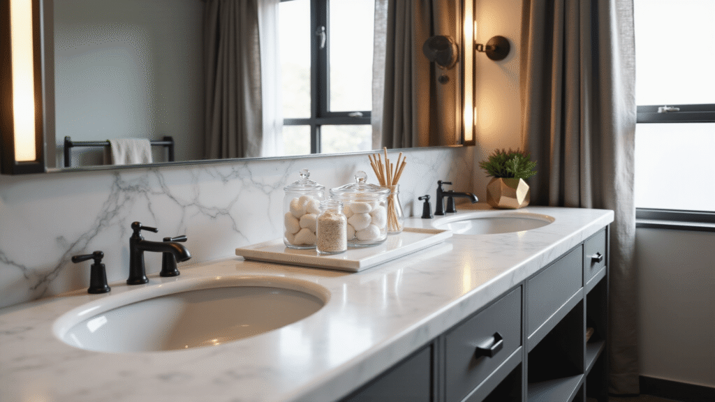 A luxurious bathroom counter featuring a white marble surface with apothecary jars, a moss terrarium, chrome fixtures, and a frameless mirror, all bathed in soft natural light.