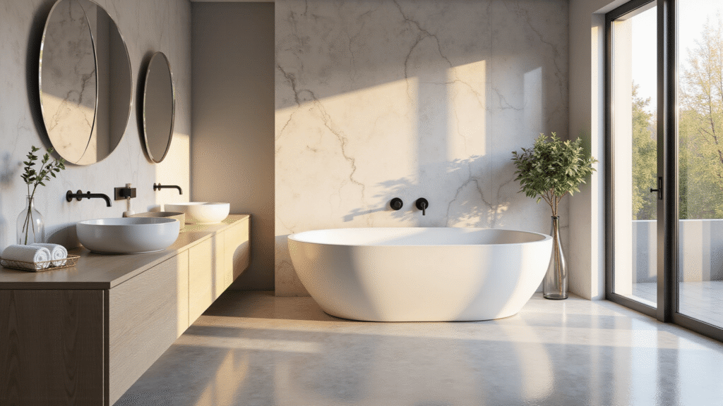 Bathroom Decor Aesthetic: Your Ultimate Guide to Creating Instagram-Worthy Spaces Photorealistic interior of a luxury spa bathroom featuring a freestanding white tub, veined marble accent wall, light oak floating vanity, oversized round mirrors with LED lighting, and neutral-toned terrazzo flooring, all illuminated by soft golden hour natural light.