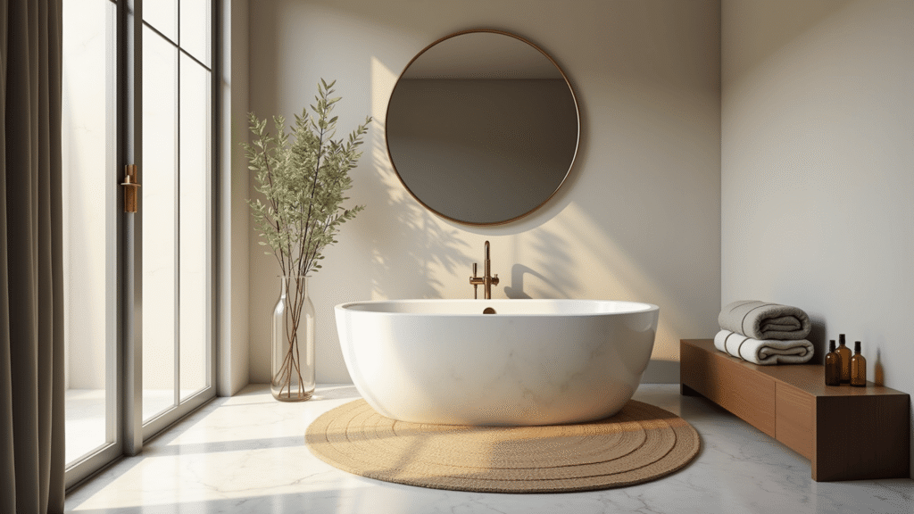 A luxurious master bathroom featuring a freestanding marble soaking tub, brass fixtures, a natural jute rug, and soft morning light filtering through frosted windows, designed in a warm neutral color palette.