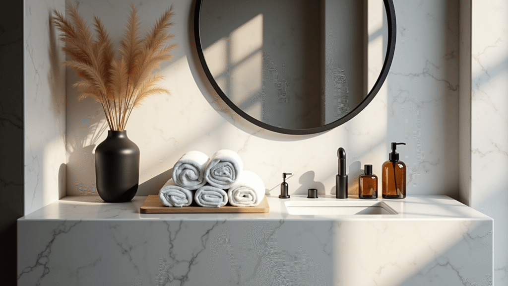 A modern luxury bathroom vanity in white marble with matte black hardware, styled with a round black-framed mirror, dried pampas grass, and rolled Turkish cotton towels, illuminated by soft morning light through floor-to-ceiling windows, featuring dramatic shadows and highlights.