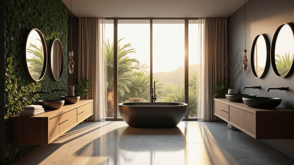 Photorealistic image of a modern luxury bathroom featuring a black stone tub, floor-to-ceiling windows with sheer curtains, a living wall of tropical plants, a floating teak double vanity, and book-matched marble floors, all bathed in warm golden hour light.