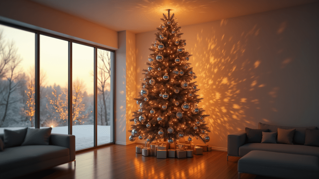 Photorealistic image of a grand 9-foot Christmas tree with disco ball ornaments and warm LED lights in a modern luxury living room, featuring natural light, high ceilings, and sleek furnishings.