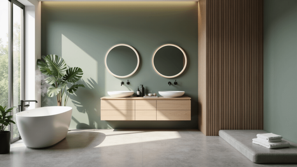 Bathroom Color Trends: Transform Your Space with the Perfect Palette Photorealistic modern bathroom with sage green walls, freestanding white oval soaking tub, light oak floating double vanity, oversized LED backlit mirror, and natural stone floor tiles, featuring soft morning light, lush monstera plant, and minimal decor, captured in a wide-angle perspective with cinematic depth of field.