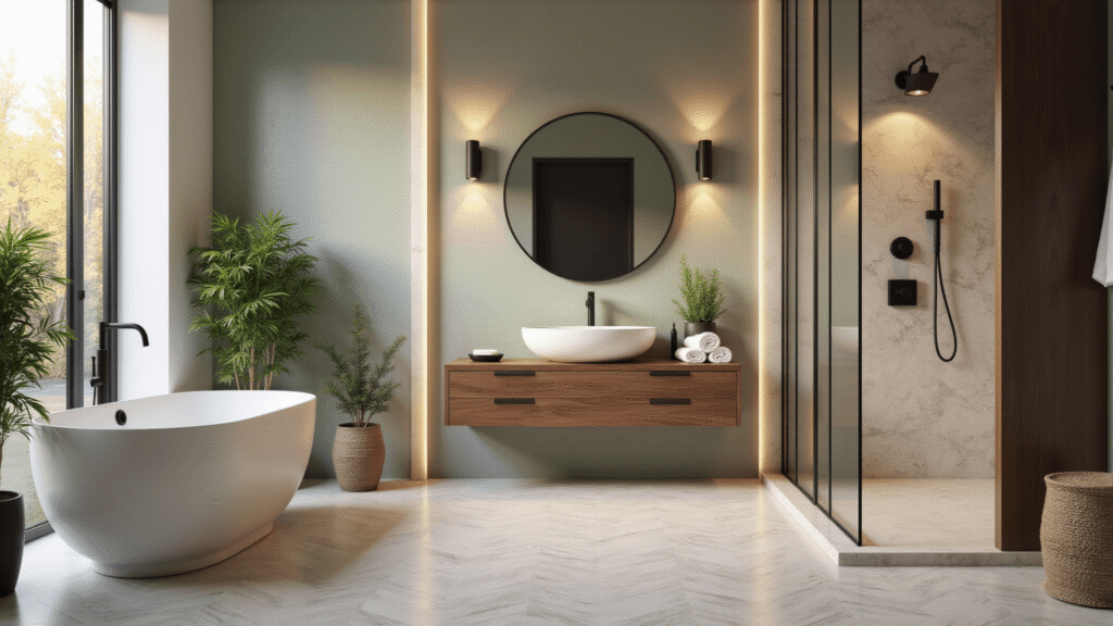 Bathroom Decor Inspiration 2025: Creating Your Personal Sanctuary A serene and sophisticated luxury spa bathroom featuring a freestanding matte white soaking tub, herringbone marble floors, a floating walnut vanity, and natural elements, all illuminated by warm golden hour sunlight.