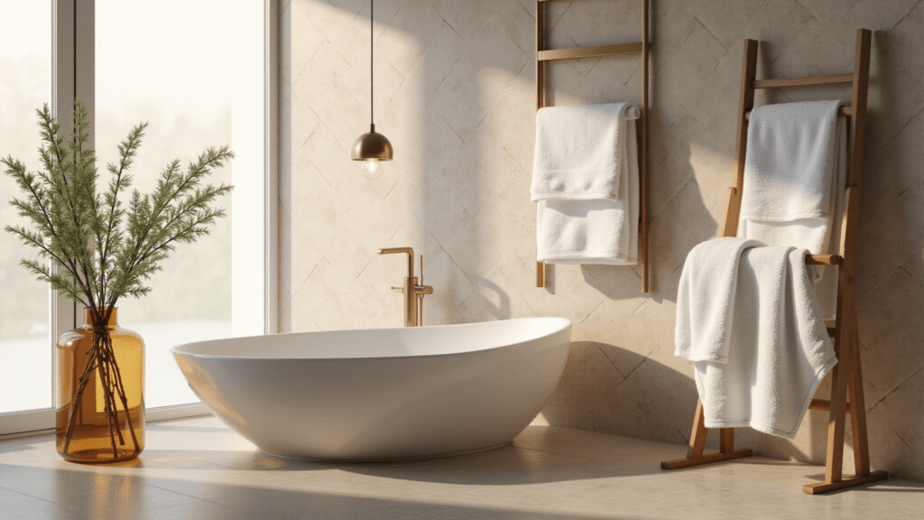 A luxurious spa-like bathroom featuring a freestanding oval soaking tub, marble herringbone walls, and a brass towel ladder adorned with rolled Turkish cotton towels, all illuminated by warm morning light.