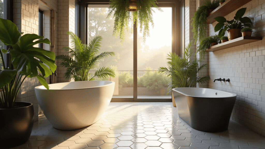Bathroom Plant Décor: Transform Your Space into a Lush Oasis A luxurious modern bathroom with a freestanding white porcelain tub illuminated by morning sunlight, featuring a large Monstera plant, cascading Boston Ferns, walnut shelves with pothos, and marble hexagon floor tiles, all captured in photorealistic detail.