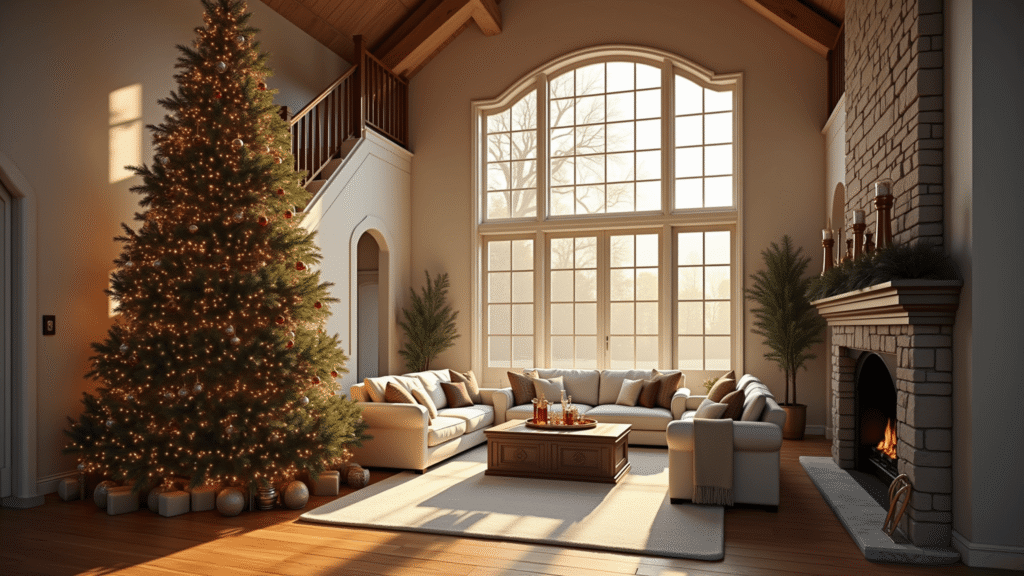 Ultra-high-resolution interior of a grand living room with a cathedral ceiling, featuring a 9-foot Christmas tree adorned with vintage ornaments, natural light streaming through tall windows, and a floor-to-ceiling stone fireplace, captured in warm golden hour lighting.