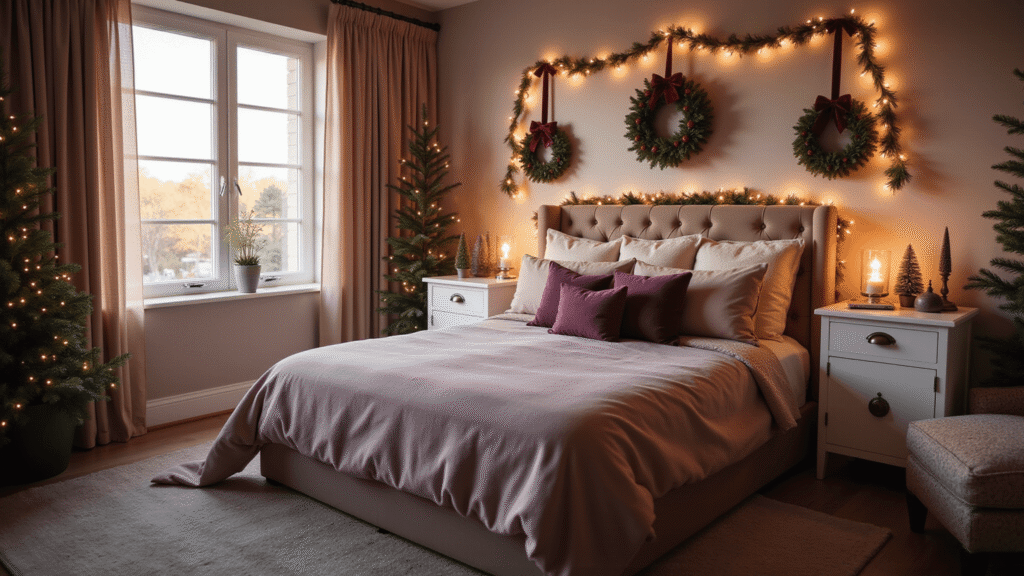 Magical Christmas Room Decor: Transform Your Home into a Festive Wonderland Elegant Christmas bedroom retreat adorned with dusty purple and mauve velvet linens, warm golden hour lighting, twinkling fairy lights, evergreen wreaths, and rich textures, creating a cozy and sophisticated holiday atmosphere.