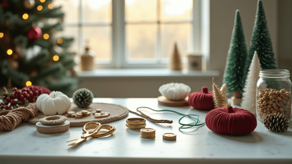 A sunlit craft room workspace with a white marble countertop adorned with DIY Christmas supplies, including gold scissors, burgundy velvet ribbons, and vintage buttons, set against a softly blurred noble fir Christmas tree, evoking a cozy modern farmhouse aesthetic.