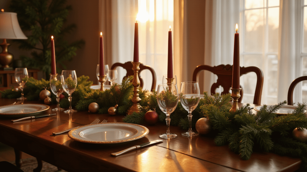 A luxurious dining room at golden hour, featuring a polished mahogany table adorned with a lush pine garland, brass candlesticks with burgundy candles, fine bone china, and sparkling crystal glassware, all illuminated by warm, ethereal sunlight.