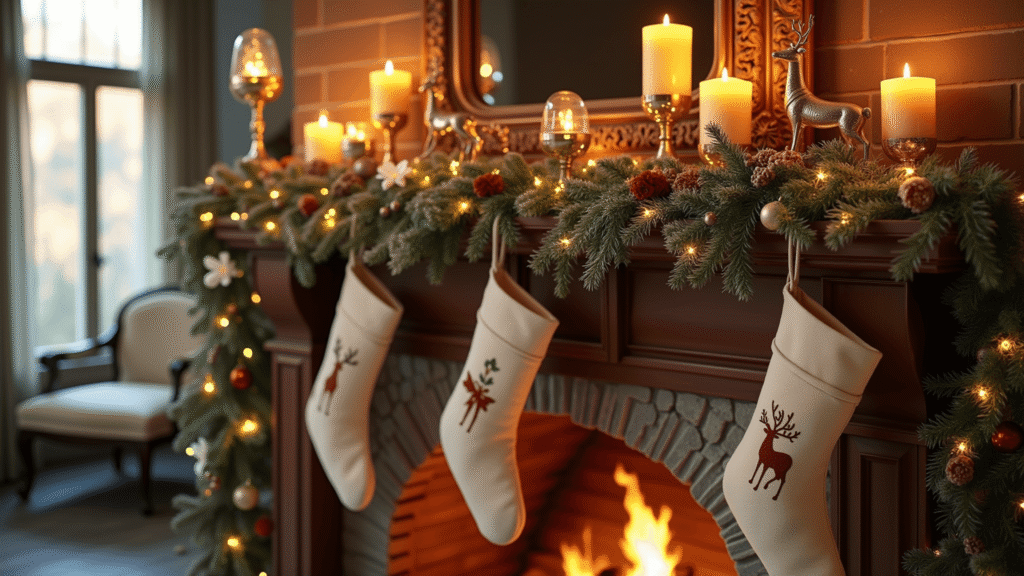 A lavishly decorated limestone fireplace at golden hour, featuring a warm mahogany mantel draped with pine garland and fairy lights, assorted candle holders with flickering LED candles, handcrafted cream stockings, vintage brass reindeer, and white-frosted magnolia leaves, casting soft shadows from natural light.