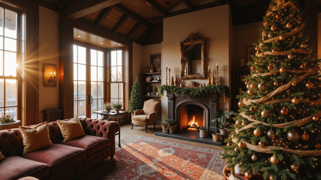 Magical Christmas Decor 2025: Your Ultimate Styling Guide A luxurious Christmas living room featuring a 9-foot Fraser fir tree adorned with metallic ornaments, vintage baubles, and textured garlands, set against a rich burgundy velvet sofa and layered Persian rugs, illuminated by warm golden hour sunlight filtering through tall windows, showcasing intricate holiday decor and an inviting ambiance.