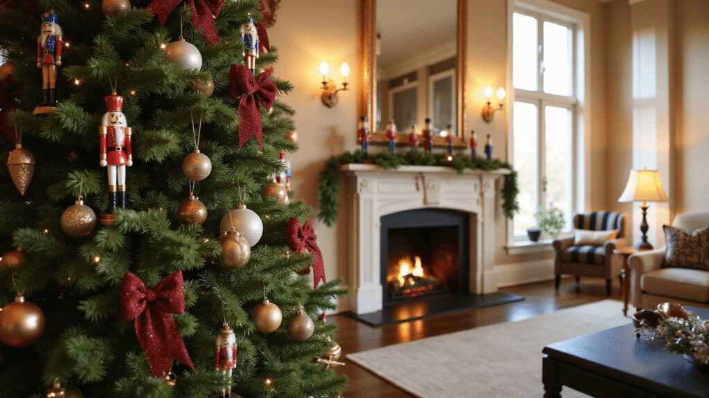 A Magical Nutcracker Christmas Tree: Transform Your Holiday Decor Cinematic wide-angle shot of a luxurious Fraser fir Christmas tree with Nutcracker-themed decorations, adorned with jewel-toned ornaments, ribbons, and intricate figurines, in an elegant living room during golden hour, showcasing warm natural light and a cozy festive atmosphere.