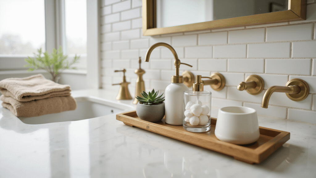 Bathroom Counter Decor: Transform Your Space with Style and Function Photorealistic bathroom counter with white marble vanity, polished brass fixtures, bamboo tray holding ceramic soap dispenser, glass jar of cotton balls, and jade succulent, surrounded by crisp subway tiles and warm beige towels, creating a serene spa-like atmosphere.