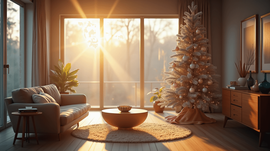 Tinsel Christmas Trees: A Sparkling Journey Through Holiday Glamour A sunlit mid-century modern living room with a 6ft silver tinsel Christmas tree adorned with vintage pink and turquoise glass ornaments, teak wood furniture, and brass accents, showcasing dramatic sparkles from golden hour sunlight through large windows.