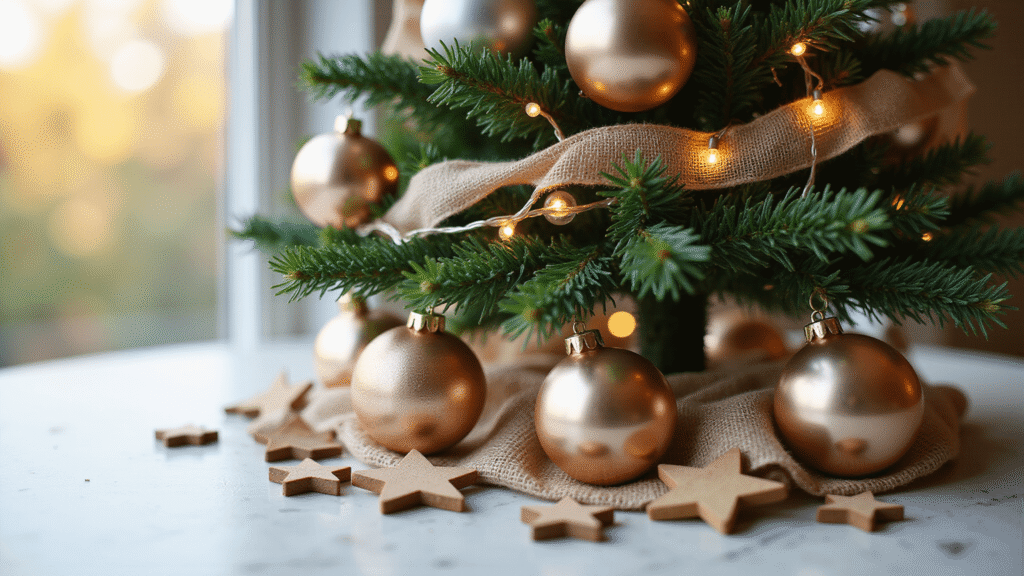 Mini Christmas Tree: Your Ultimate Guide to Festive Decor in Small Spaces Cinematic close-up of a mini Christmas tree centerpiece on a white marble surface, adorned with LED fairy lights, rose gold ornaments, and burlap ribbon, with soft lighting creating dramatic shadows and a warm glow.