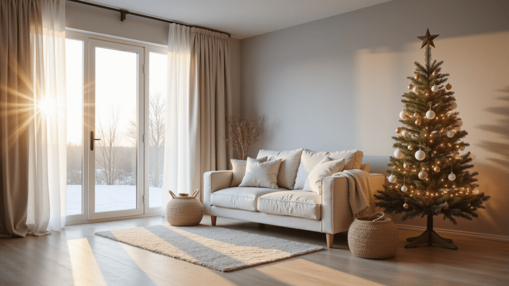 Minimalist Christmas Tree: Your Ultimate Guide to Stylish, Stress-Free Holiday Decor Hyperrealistic photograph of a minimalist Scandinavian living room at golden hour, featuring a decorated Christmas tree, soft winter light, a modern cream sofa, and warm LED string lights.