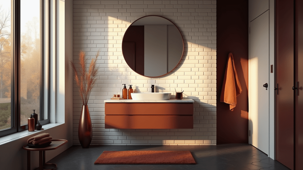 A luxurious modern bathroom featuring a marble-topped vanity, warm autumn-toned accessories, and soft sunlight, all captured in hyperrealistic 8K detail.