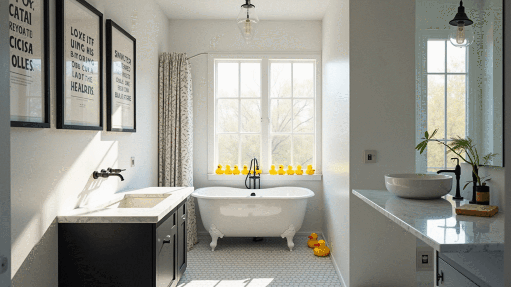 Bright, modern bathroom featuring humorous typography prints, a vintage clawfoot tub, and a lineup of yellow rubber ducks, all bathed in natural sunlight with a stylish architectural composition.