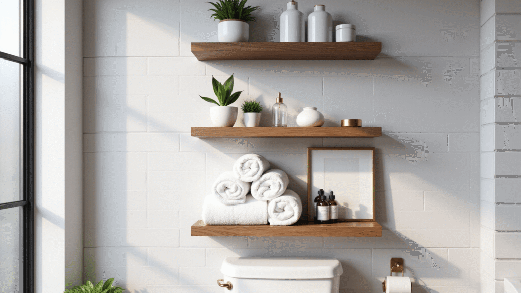 Elevate Your Bathroom: Stunning Shelf Decor Ideas Over the Toilet Photorealistic interior of a modern minimalist bathroom featuring wooden floating shelves with natural elements, porcelain toilet, matte white ceramics, and potted succulents, lit by soft natural light.
