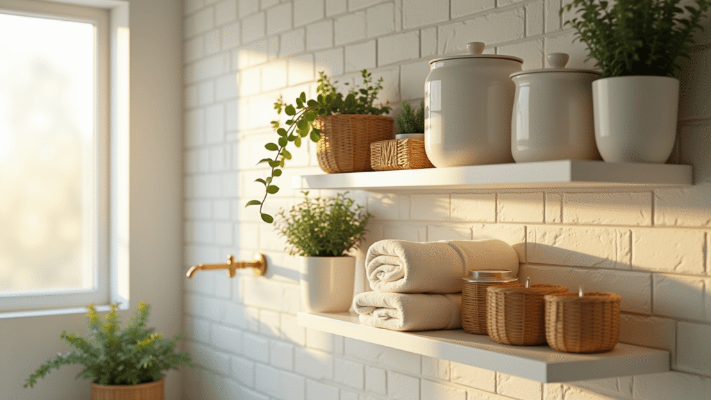 Bathroom Shelves Decor: Transform Your Space with Style and Functionality Cinematic wide-angle shot of modern floating white shelves against a subway tile wall, adorned with ceramic containers, eucalyptus sprigs, rolled linen towels, and rattan baskets, bathed in warm golden hour light with an inviting spa-like atmosphere.