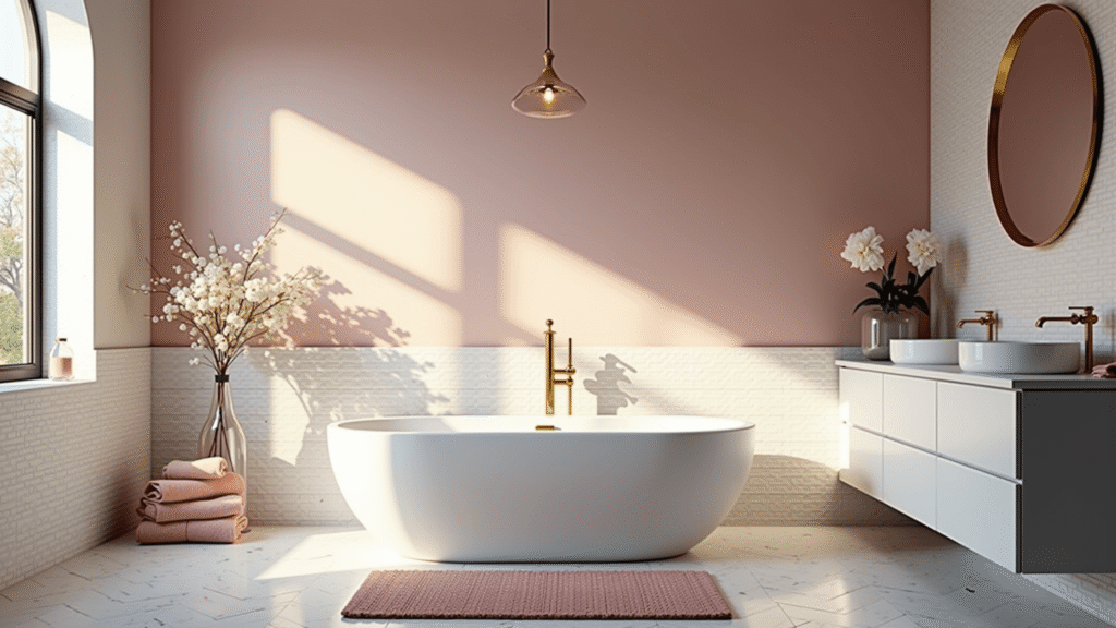 Photorealistic modern bathroom featuring a blush pink accent wall, white subway tiles, freestanding oval soaking tub under brass pendant light, marble herringbone floor, golden hour sunlight, and elegant decor.