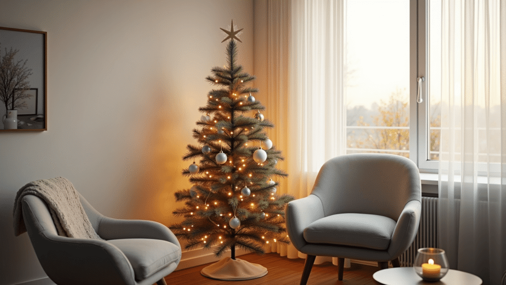 Styling a Small Christmas Tree: Your Ultimate Guide to Festive Decor in Tight Spaces A cozy apartment corner featuring a 4-foot artificial Christmas tree adorned with champagne and white ornaments, bathed in warm golden hour sunlight, alongside a modern gray armchair, a chunky knit throw, and a minimalist wooden side table with a ceramic mug.