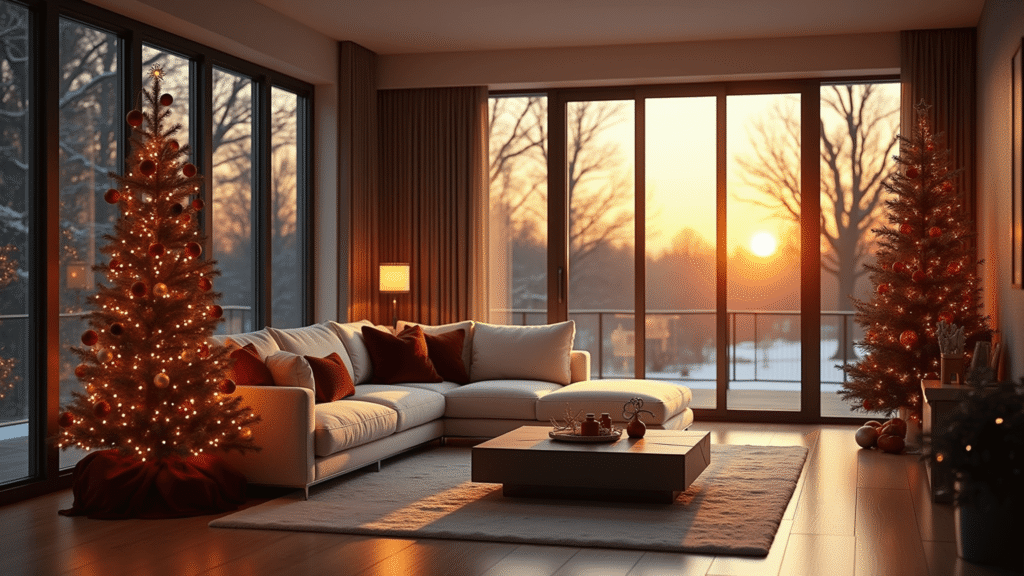 Christmas Tree Wallpapers: Transforming Your Digital Space into a Festive Haven Photorealistic interior of a luxurious modern living room during golden hour, featuring a 9ft Christmas tree with vintage red and gold ornaments, warm LED lights, plush cream sectional sofa, and dramatic winter sunset visible through floor-to-ceiling windows.