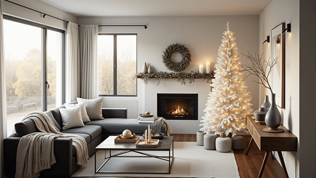 Modern Christmas Decor: A Sophisticated and Minimalist Holiday Styling Guide Photorealistic modern living room decorated for Christmas, featuring a slim white tree with geometric brass and silver ornaments, a charcoal gray sectional sofa with cream throws, minimal fireplace decor, and warm ambient lighting from brass pendants and lanterns.