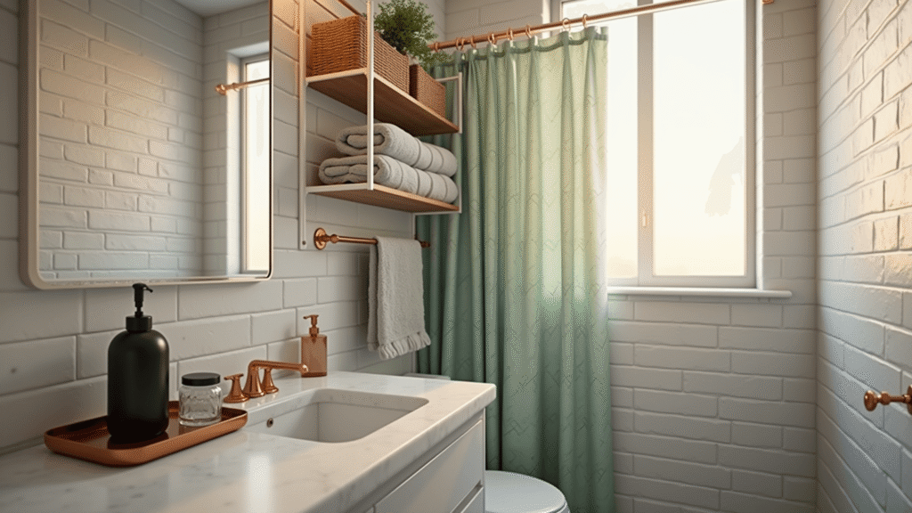 Transforming Your College Bathroom: A Complete Styling Guide Photorealistic interior of a small college bathroom during golden hour, featuring white subway tiles, a marble-effect vanity with organized glass containers, a sage green shower curtain, and rose gold accessories, all illuminated by natural sunlight and warm LED lighting.