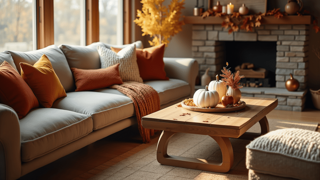 A sunlit modern farmhouse living room featuring a plush oatmeal-colored sectional with textured throw pillows in autumn colors, a reclaimed wood coffee table styled with white ceramic pumpkins and dried leaves, and a natural stone fireplace adorned with a maple leaf garland, all bathed in warm golden hour light.