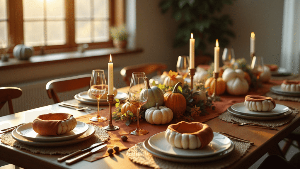 Photorealistic autumn tablescape in a modern farmhouse, featuring a rectangular oak table adorned with a rust-orange linen runner, brass candlesticks, heirloom pumpkins, woven jute placemats, copper-rimmed wine glasses, and eucalyptus garland under warm golden lighting at golden hour.
