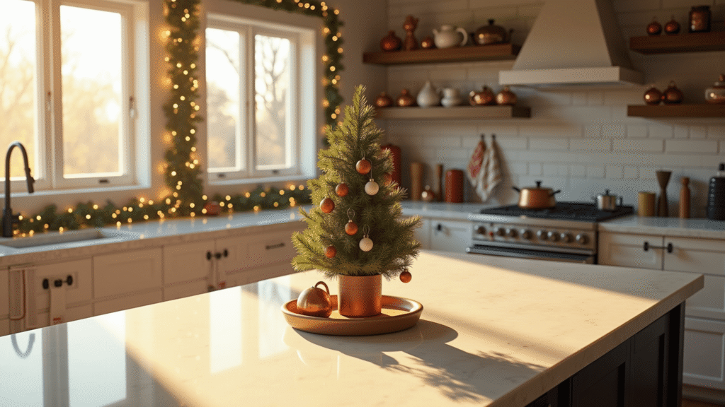 A modern farmhouse kitchen at golden hour, featuring a Christmas tree on a marble island, decorated with copper and cream ornaments, white shaker cabinets, and warm white lights, capturing a cozy holiday atmosphere.