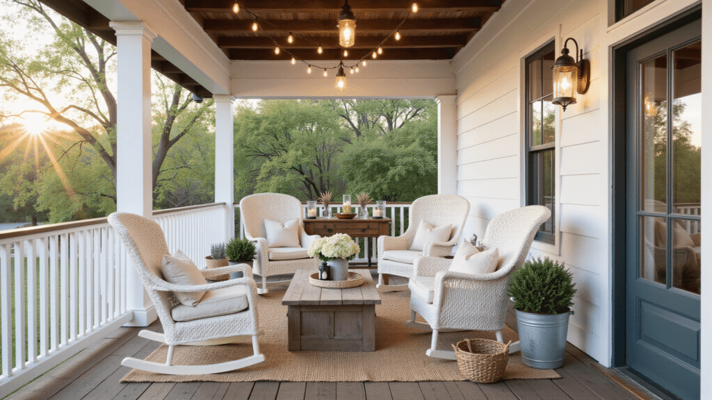 Creating the Perfect Modern Farmhouse Front Porch: A Comprehensive Guide Cinematic wide-angle shot of a cozy modern farmhouse front porch during golden hour, featuring a wraparound wooden deck with white railings, wicker rocking chairs, and seasonal decor including hydrangeas and warm Edison bulb lights.